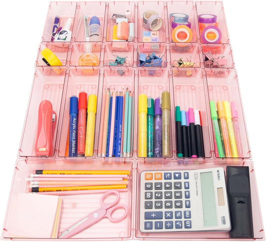 25 Pack Desk Drawer Organizer Set,Vanity and Desk Drawer Storage Bins,Clear Plastic Drawer Organizer Trays for Makeup,Office,Bathroom and Kitchen(pink)