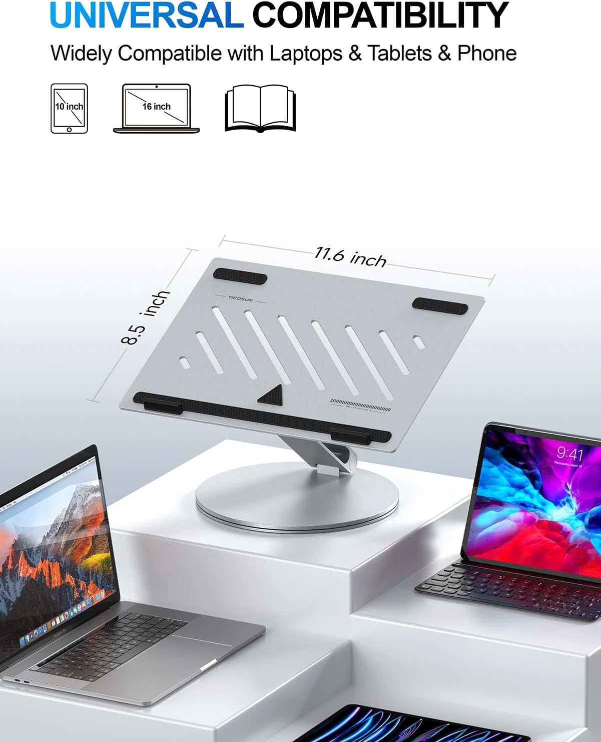 YICOSUN Adjustable Laptop Stand for Desk - 360° Rotating Ergonomic Riser with Aluminum Cooling Vents & Sturdy Construction for 10-16 Inch MacBook Pro/Air, Foldable Portable for Office & Home - Gray
