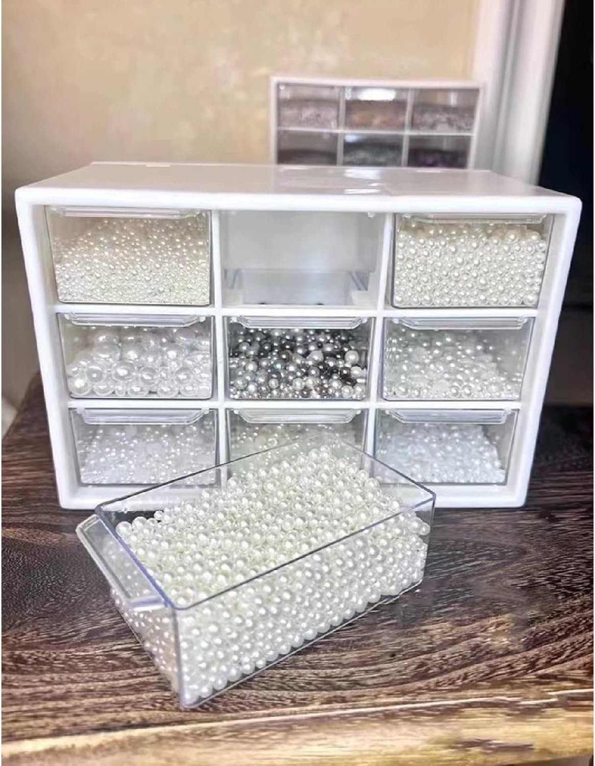 Feadily 4PCS Small Drawer Organizer for Desk, Desktop Drawer Organizer with 9 Clear Drawers, Plastic Desktop Storage Drawers 7.1 Inch x 3 .9 Inch x 4.7 Inch, White