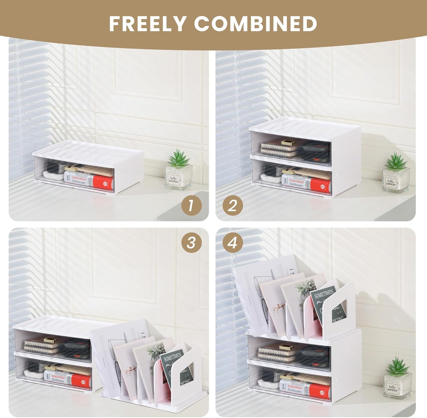LALOBLUE Acrylic Desk Organizer with Drawer and Vertical File Holder, Desk Organizers and Accessories, Multi-Functional Office Supplies Organizer for Home or Work Desk, White