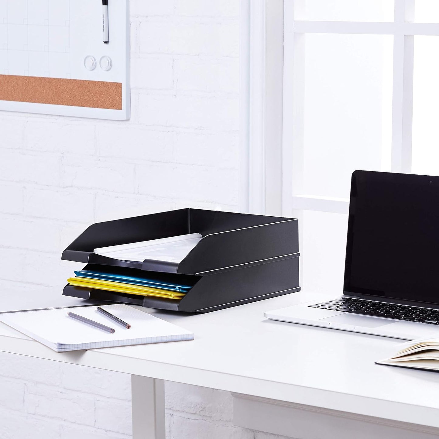 Amazon Basics Rectangular Stackable Office Letter Tray, Desk Organizer for Paper and Document Storage, Black, 12-Pack