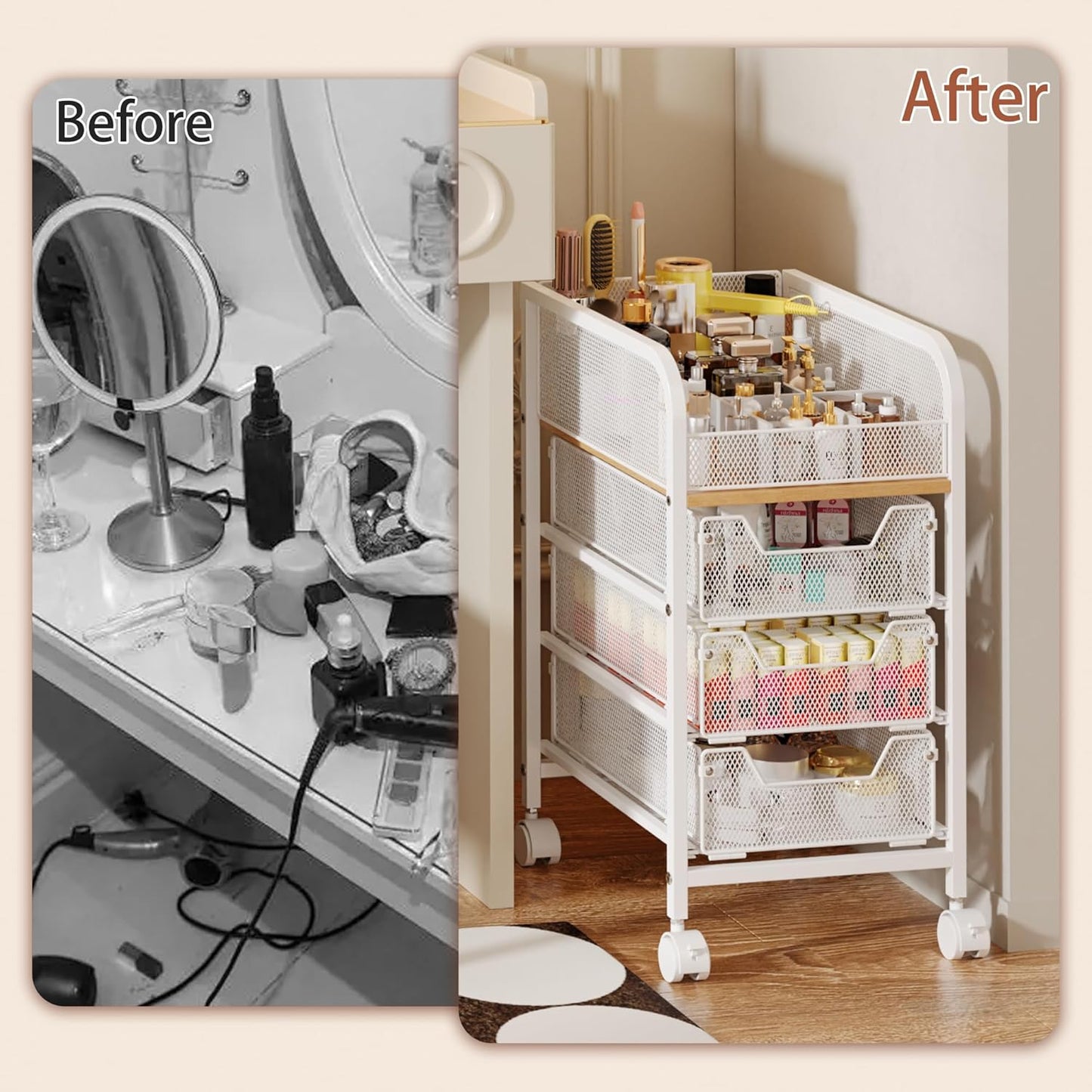 Rolling Makeup Cart Organizer with 3 Drawers, 4-Tier Narrow Floor Skincare Organizers with dividers, Vanity Organizer Cosmetics Display Cases for Makeup Brush, Hair Tool, White