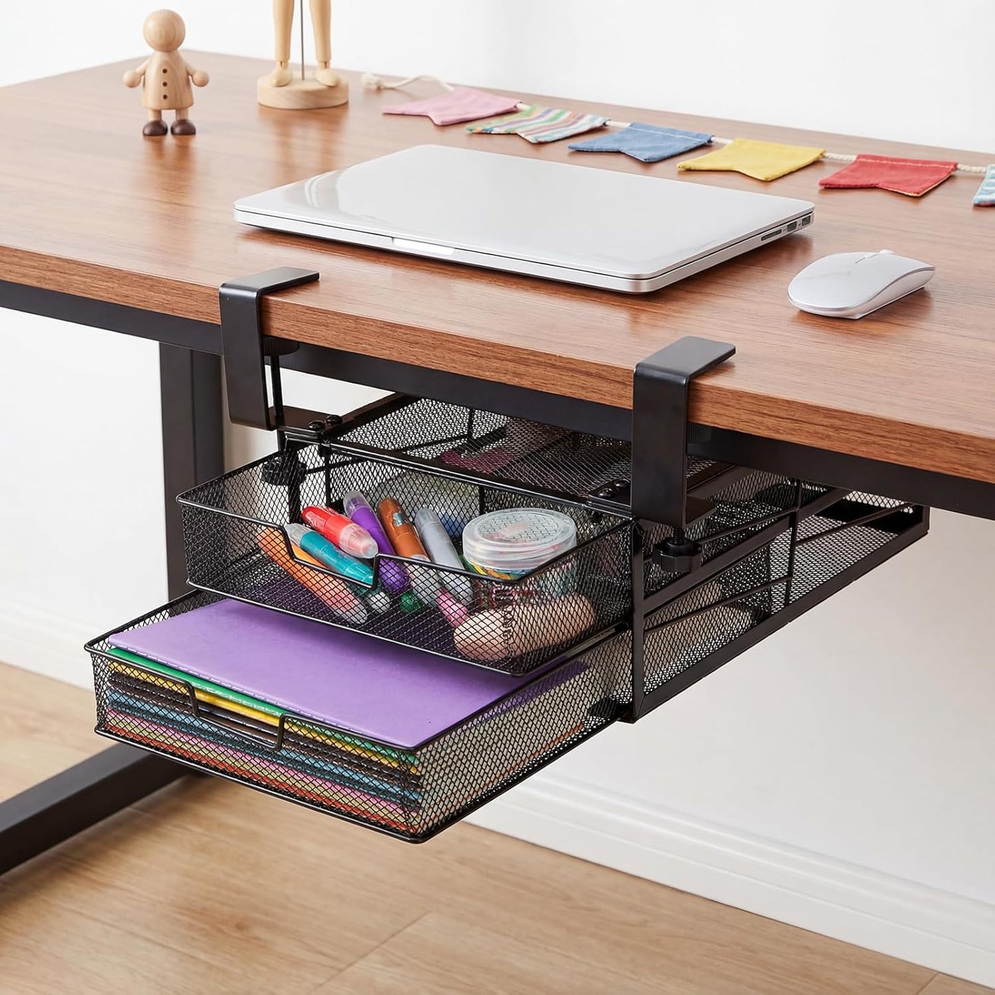 Cedilis Under Desk Drawer Organizer Slide Out, 2-Tier Metal Under Table Storage Drawers Clamp On for Home Office, Black, No Drilling