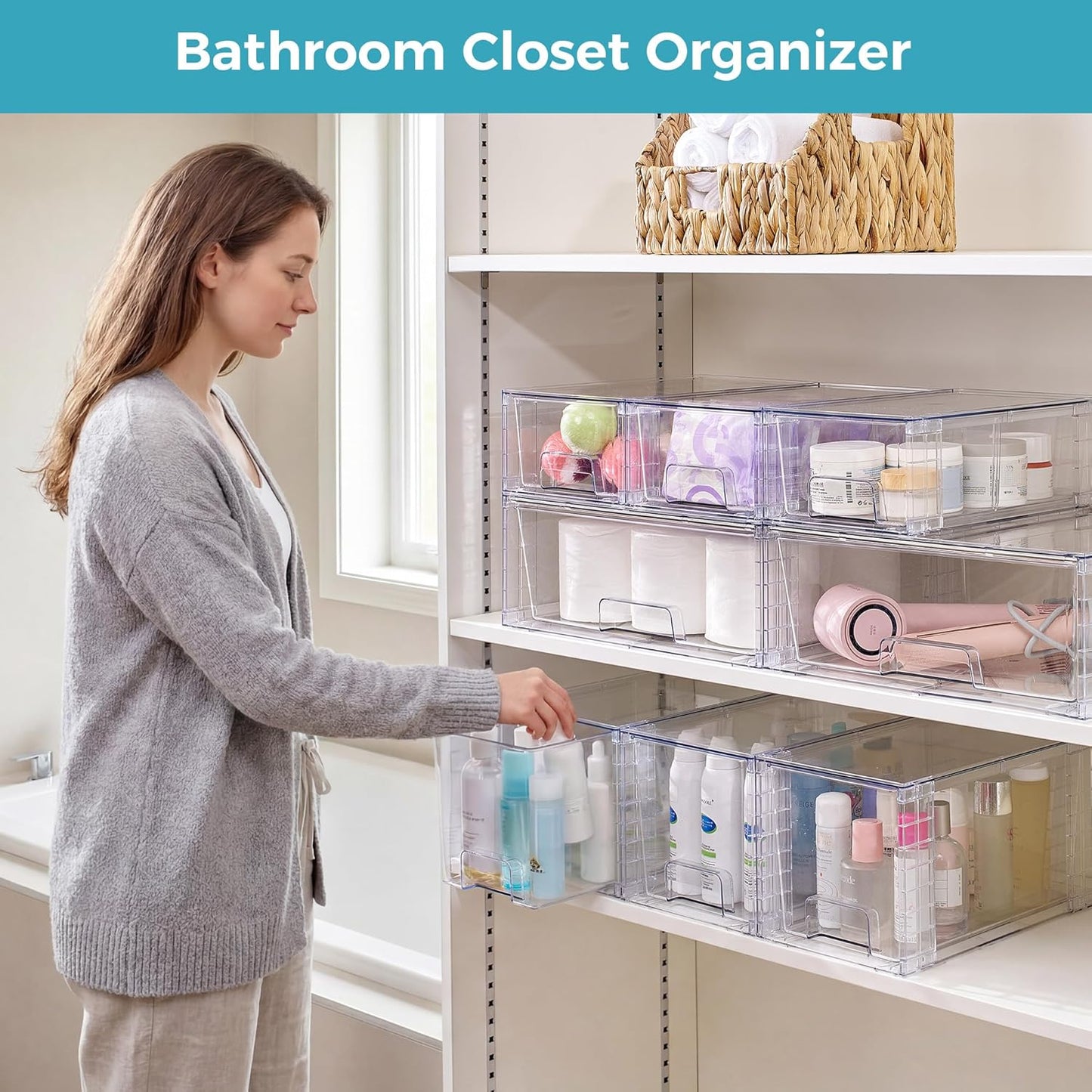 Vtopmart 4 Pack Clear Stackable Storage Drawers,Under Sink and Kitchen Organizers Storage,Easy to Assemble Plastic Drawers for Baby Bottle,Medicine, Bathroom,Cabinet and Pantry Organization