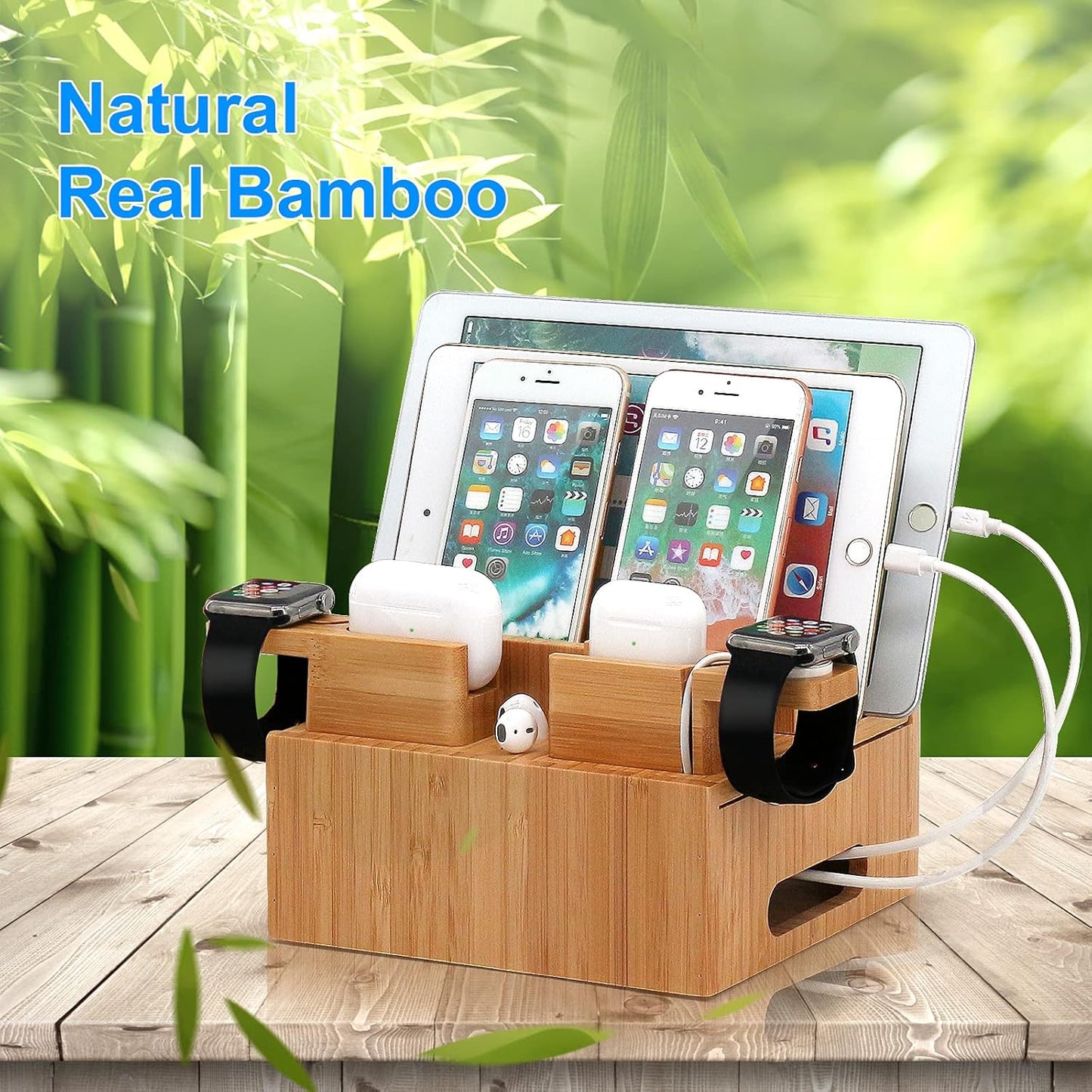 Pezin & Hulin Bamboo Charging Station Organizer for Multiple Devices, Desktop Docking Station Compatible with Phone, Tablet, Earbuds, Smartwatch, (Included 5 Cables, NO Charger HUB)