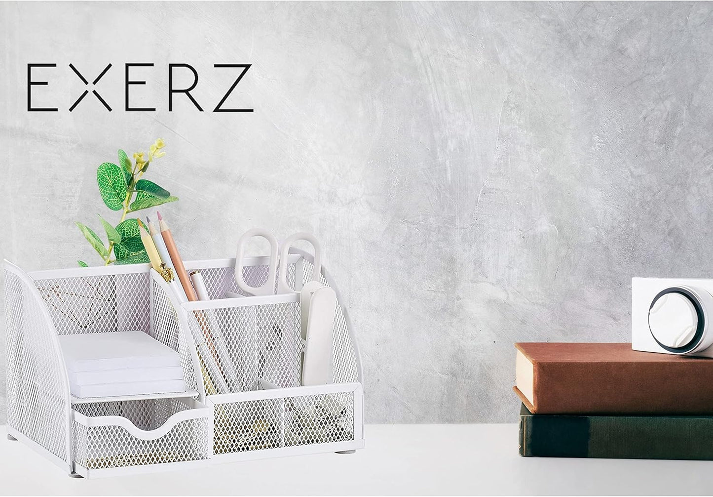 Exerz Desk Organizer Golden Office Desk Accessories Supplies Office Storage Desktop Pencil Pen Holder with Drawer Home Workspace
