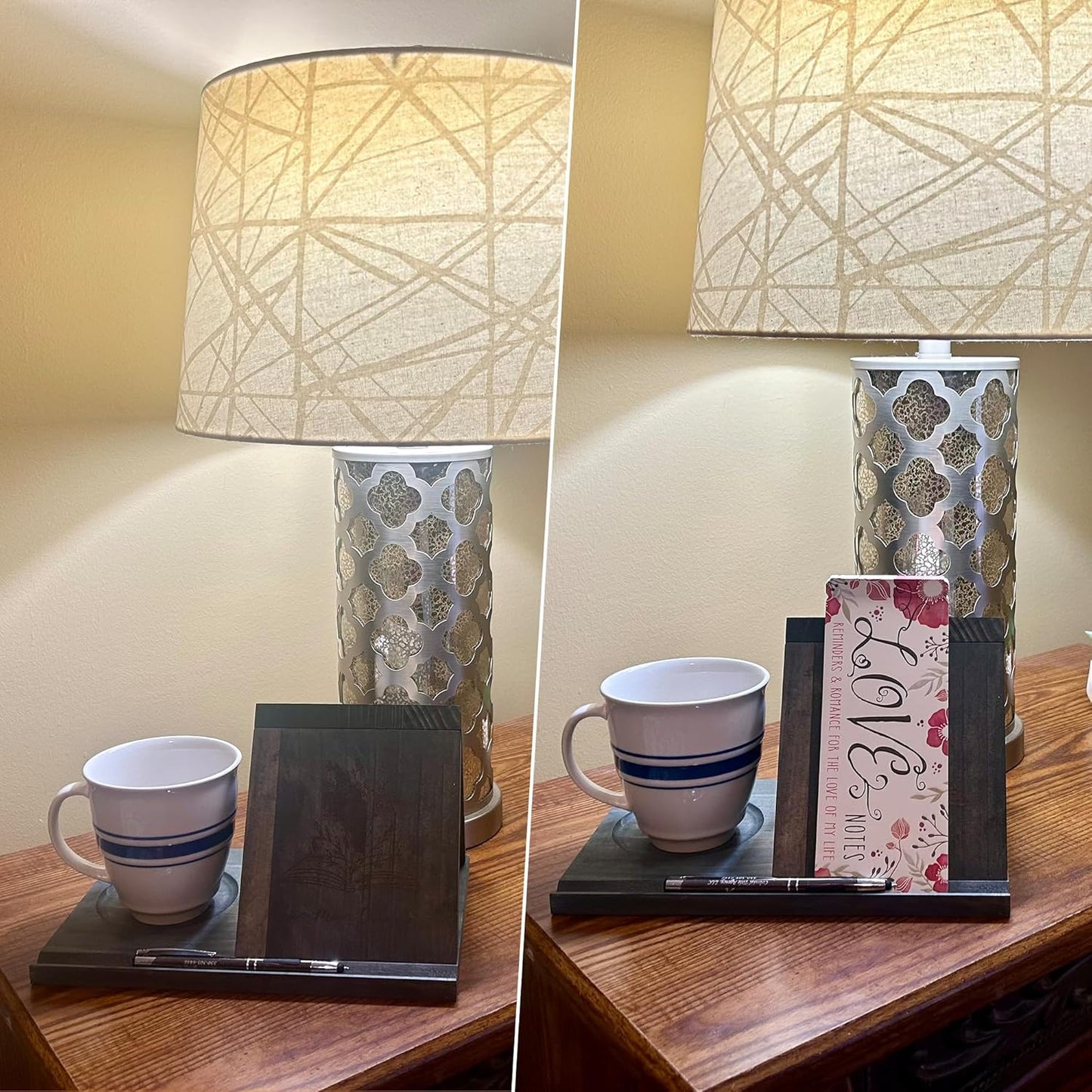 LITIVY Wooden Book Holder with Drink Holder, Wooden Triangle Bookmark Reading Rest with Slotted, Book Display Bookmark Book Holder Decor for Coffee and Book Lover Gifts (Greenish Gray)