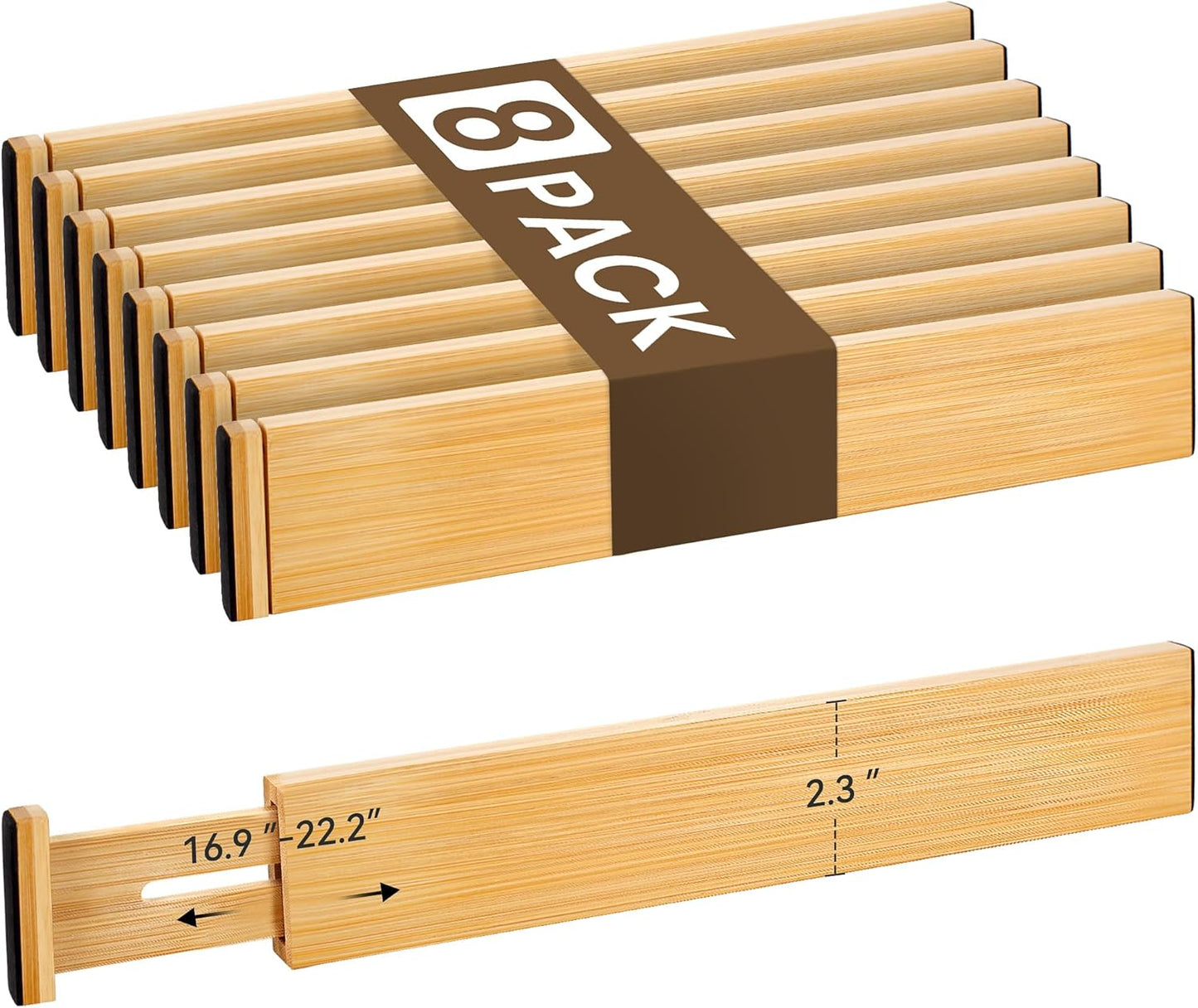 Bamboo Drawer Divider Set of 4, Adjustable Spring-Loaded Drawer Organizer (16.9"-22.2"), 2.3" Height, Suitable for Kitchen, Desk, Bathroom, Clothing, and Miscellaneous Drawer Organization, Natural