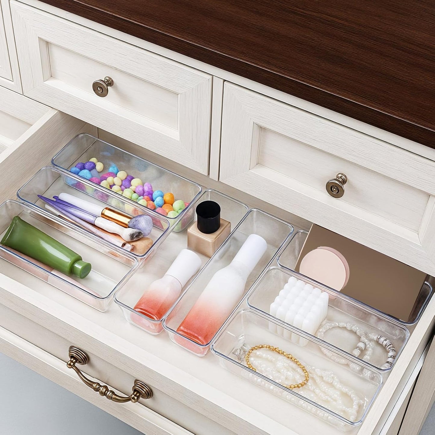 Dimeho 12 PCS Drawer Organizers Clear Plastic Vanity Drawer Dividers Kitchen Silverware Utensil Storage Desk Storage Tray for Bathroom Bedroom Office Makeup Jewelry 9 x 3 x 2 Inches