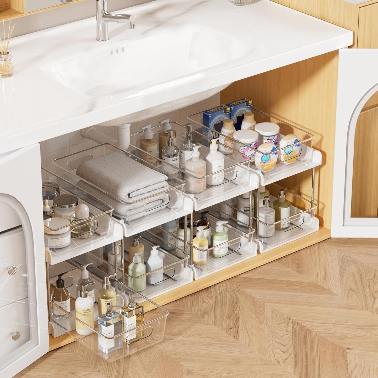 Vtopmart 4 Pack Bathroom Organizer, 2 Tier Clear Under Sink Organizers Vanity Countertop Storage Container,Cabinet Drawers Bins, Pull-Out Organization with Track for Pantry, Kitchen