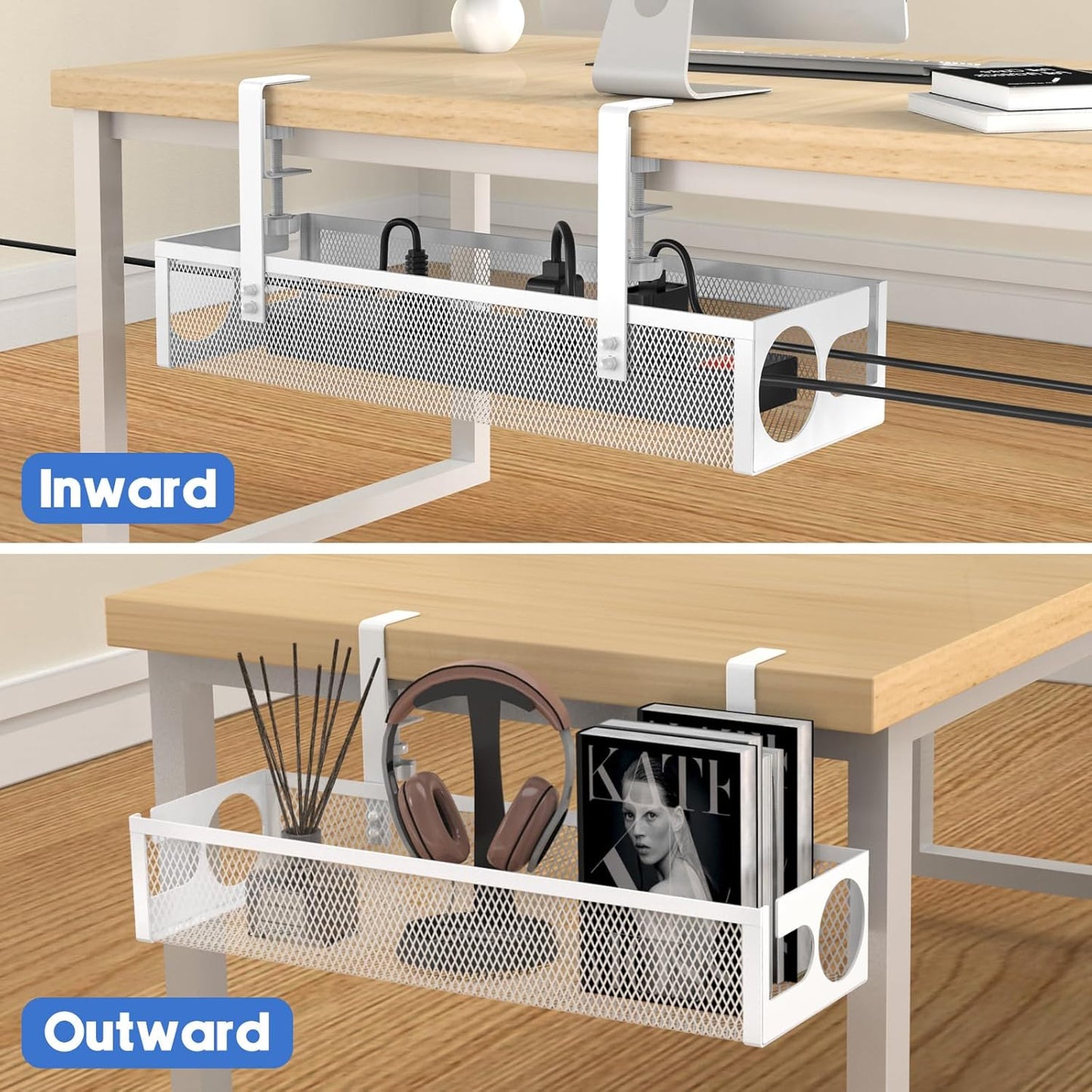 Under Desk Cable Management Tray No Drill 15.1’’, Metal Mesh Cable Management Box with Hybrid Side Slots Cable Raceway,Adjustable Cable Tray with Wire Management for Office Home,1 Pack (Black)