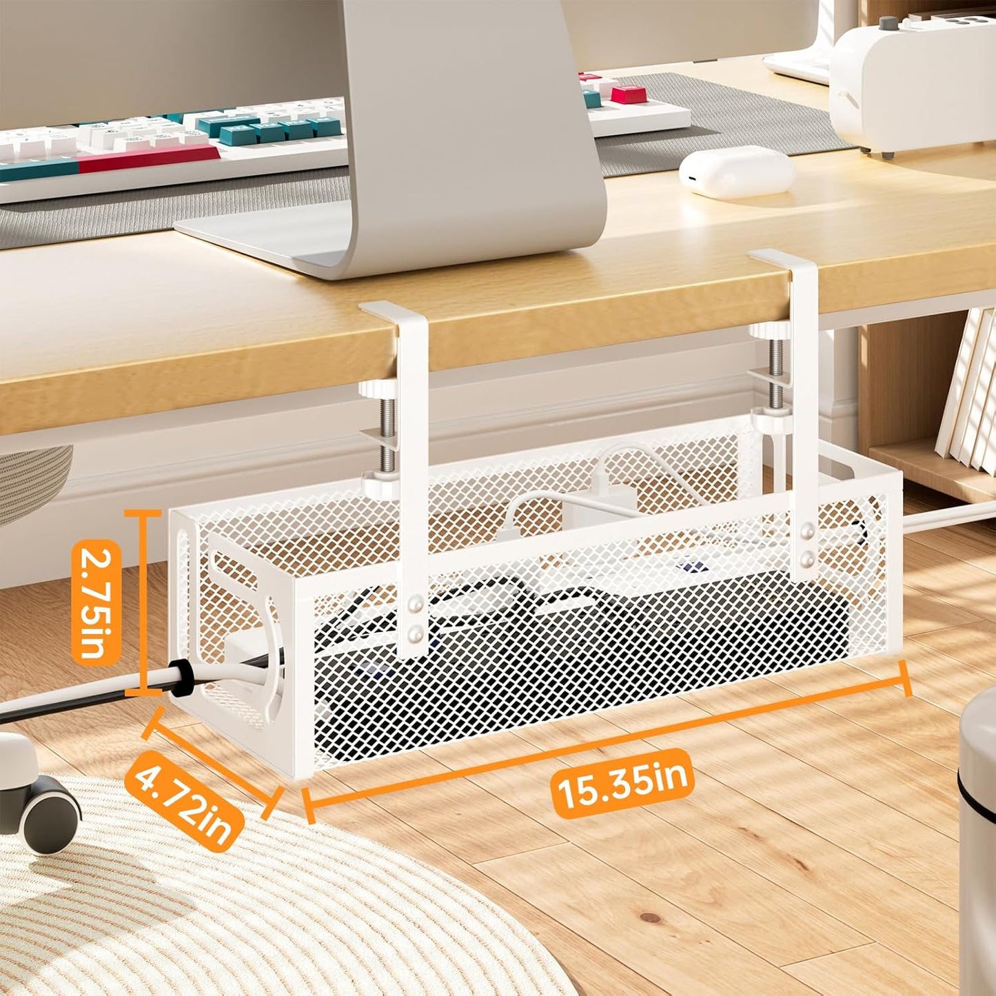 Under Desk Cable Management Tray, 15.7'' No Drill Steel Desk Cable Organizers, Wire Management Tray Cable Management Rack (1 Pack-Black)