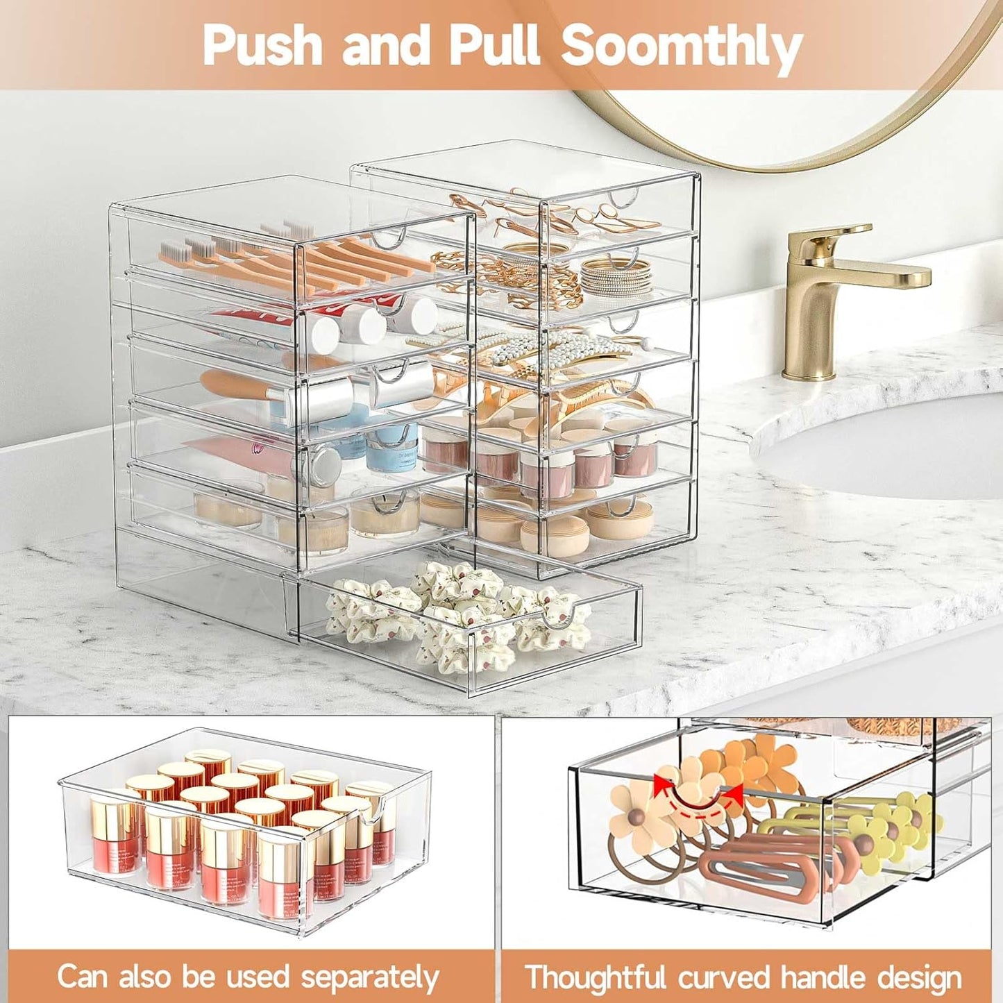 Makeup Drawer Storage Organizer with 24 Drawers, 4 Set Acrylic Office Desk Organization and Storage, Dustproof Drawer Organizer for Makeup, Office, Countertop, Jewelry, Pen, Desktop, Bathroom, Bedroom