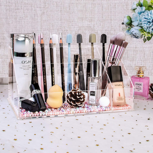 YestBuy Acrylic Desk Organizer, Clear Desk Paper Tray Organizer with Sorter, Vanity Makeup Organizer, Clear Cosmetic eyeshadow palette Holder Perfect for Home and Office