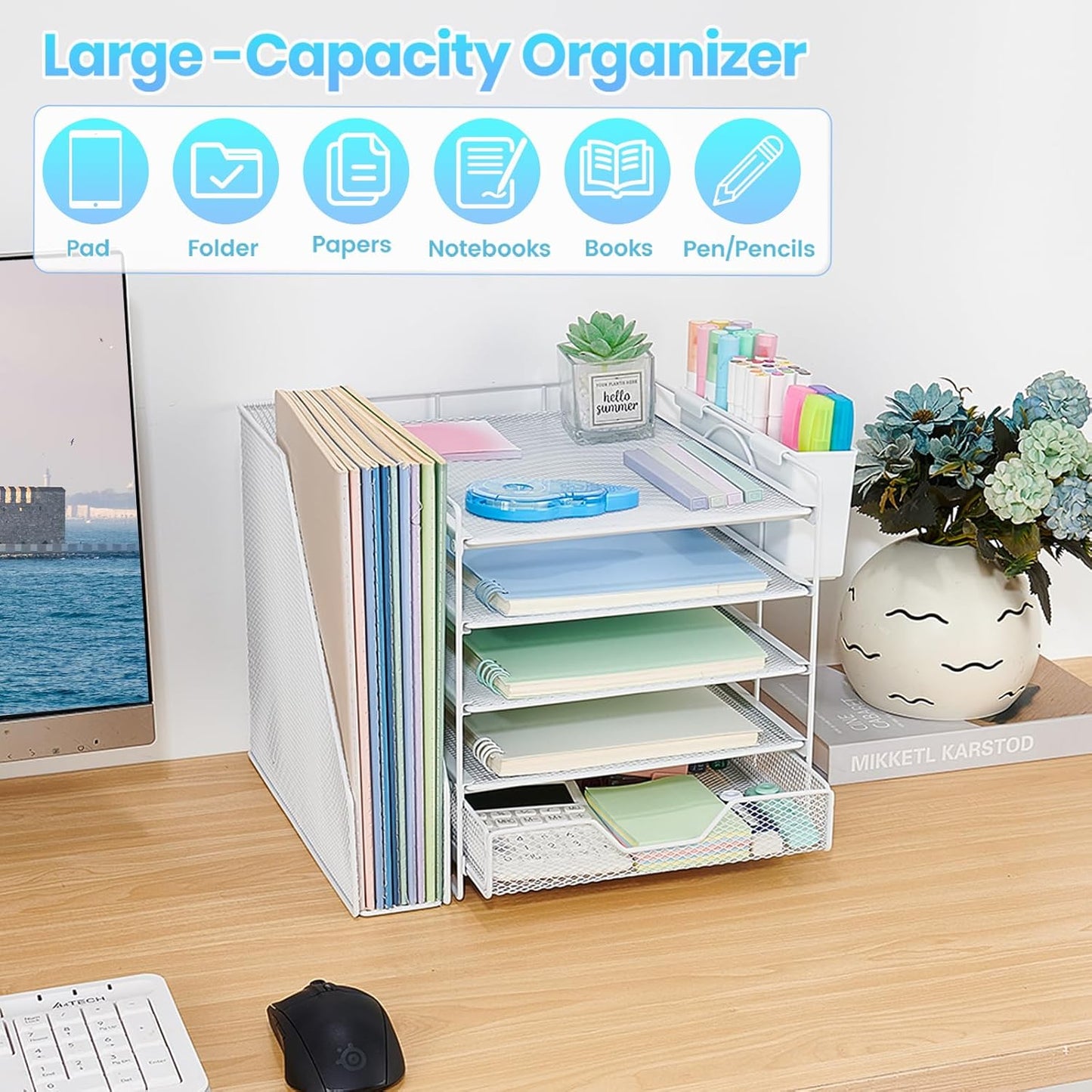 Desk Organizer, 5-Tier Paper Letter Tray Organizer with File Holder, Drawer and Pen Holder, Desktop Organizer for Office Supplies, Black