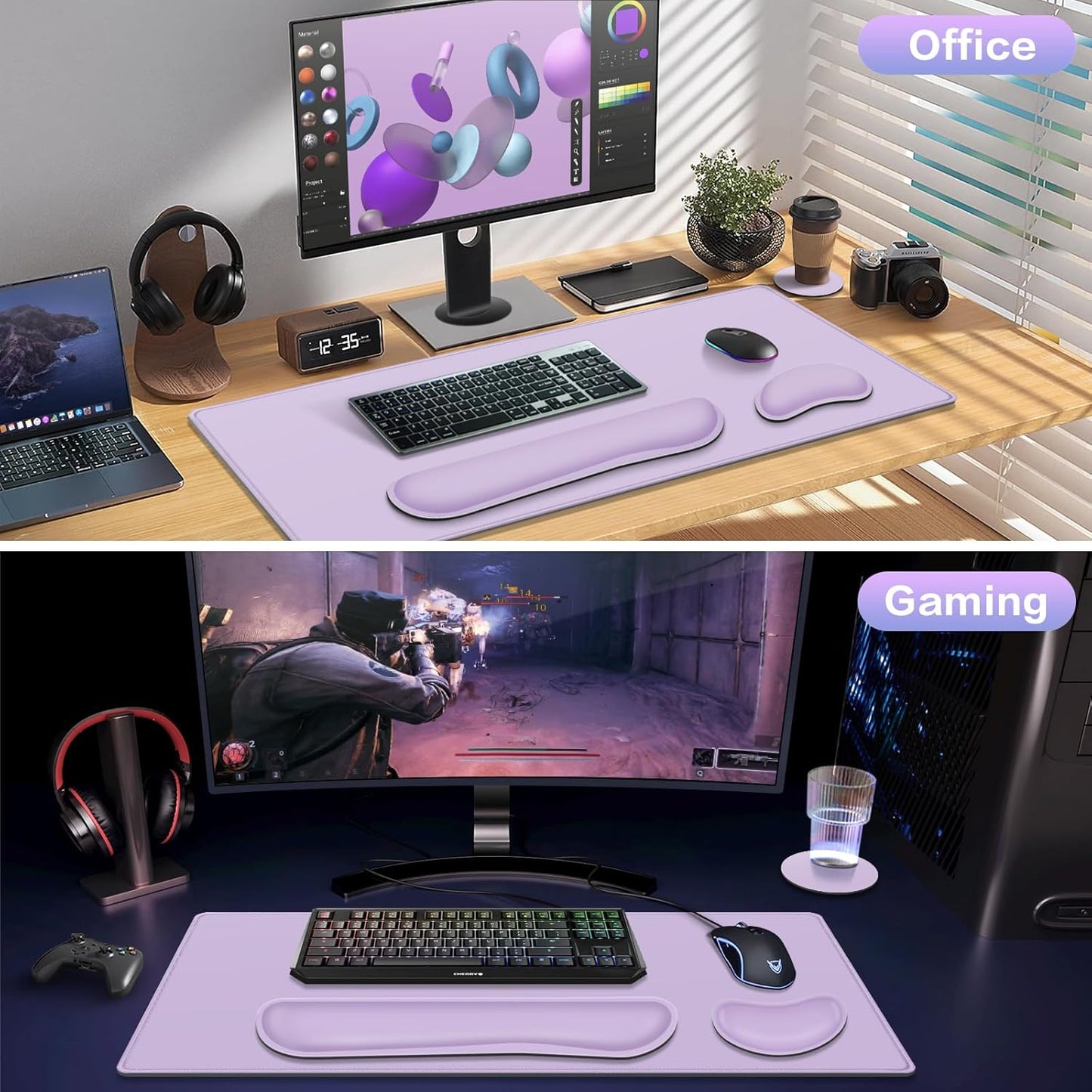 Desk Mat, Large Gaming Mouse Pad with Wrist Rest, 4in1 XXL Mousepad+Keyboard Wrist Rest+Mouse Pad Wrist Support+Cup Coaster Set Ergonomic Floral Computer Desk Arm Wrist for Decor Home Office Women