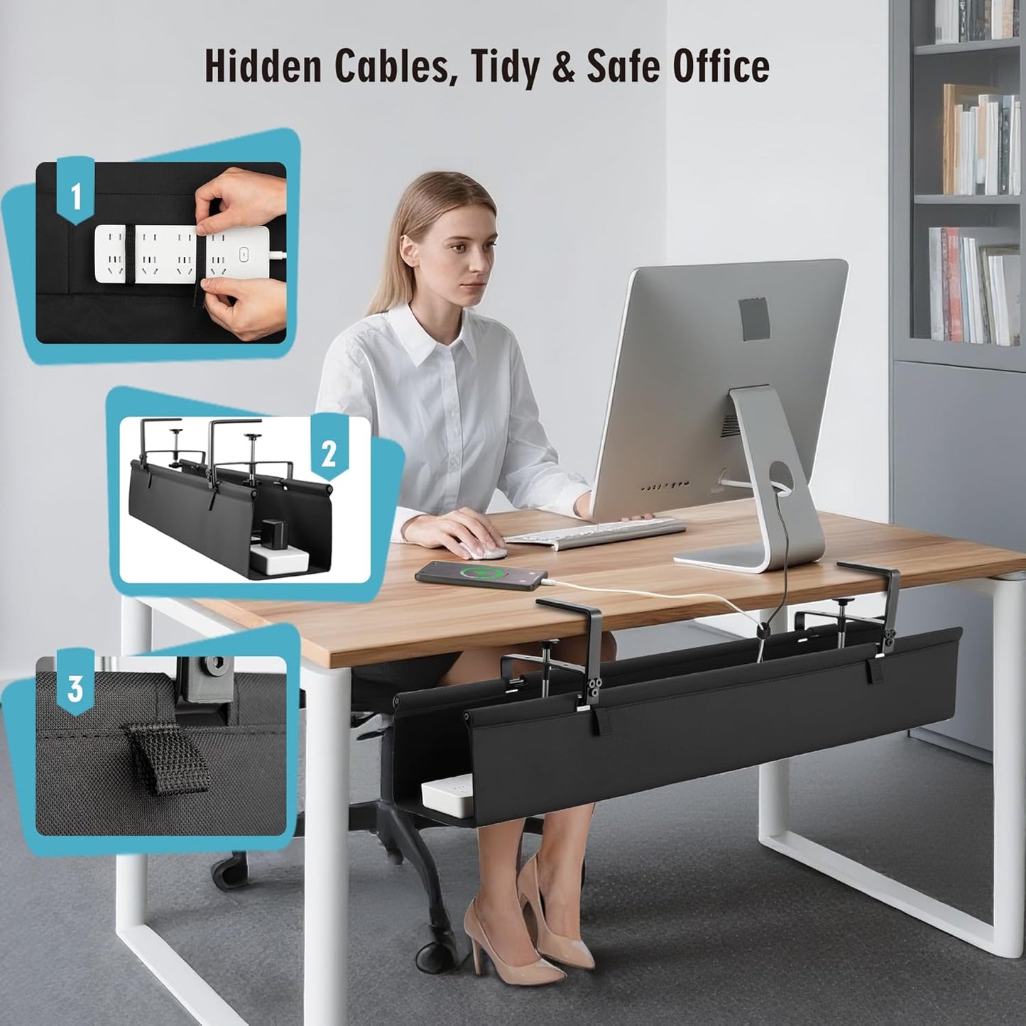 No Drill Large Under Desk Cable Management Tray, Fabric Cord Hider for Wire Organizer, Clamp/Screw Mount Cord Organizer, Standing Desk Cable Management for Office Home (Large (36 Inch))