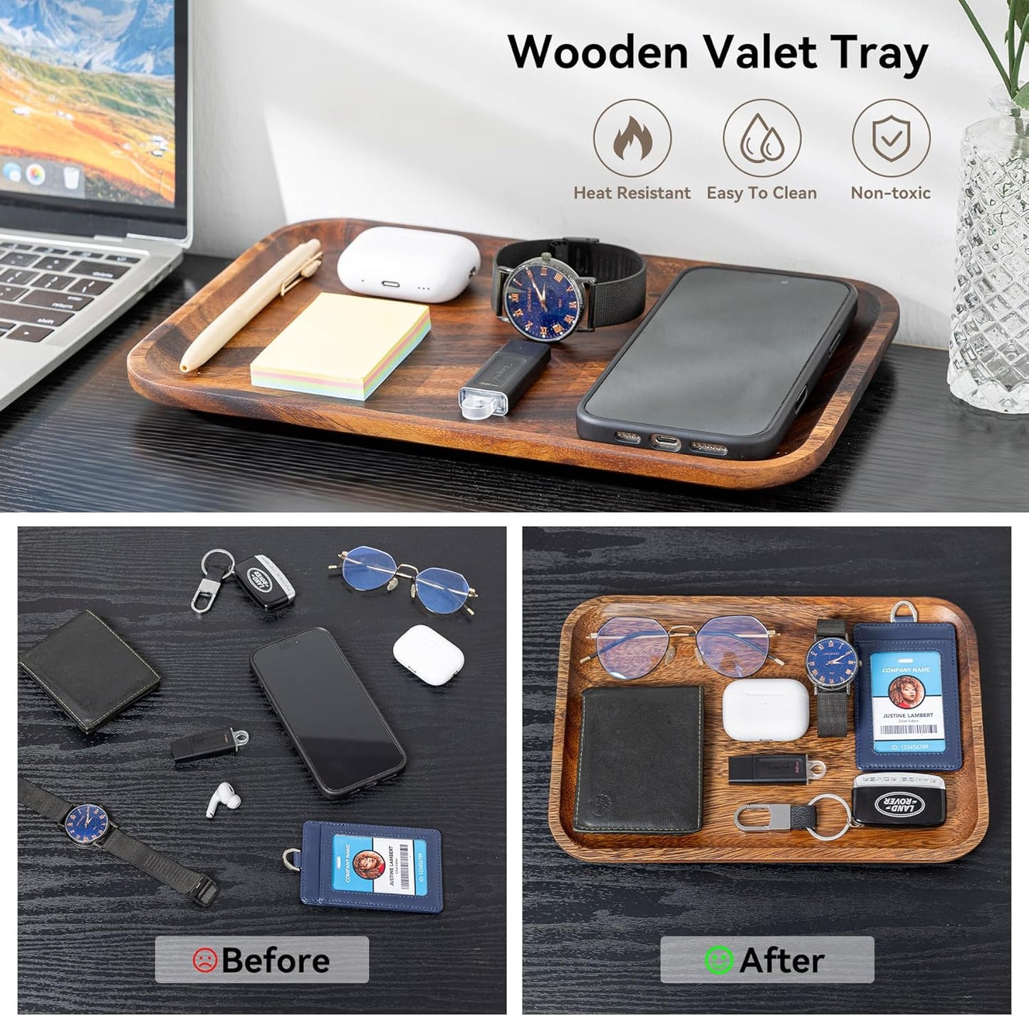Serving Acacia Wood Valet Tray for Men Women, Catch All Acacia Mens Key Dump Bedside Nightstand Organizer EDC Decorative Wooden Tray for Phone Watch Wallet Keys Jewelry