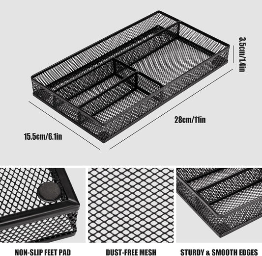 shenee Desk Drawer Organizer Tray,Drawer Organizer for Office and Home,Desk Organizer with Drawers,4 Compartments,Non-Slip Desk Organizers and Accessories for Stationery Makeup School (Black)