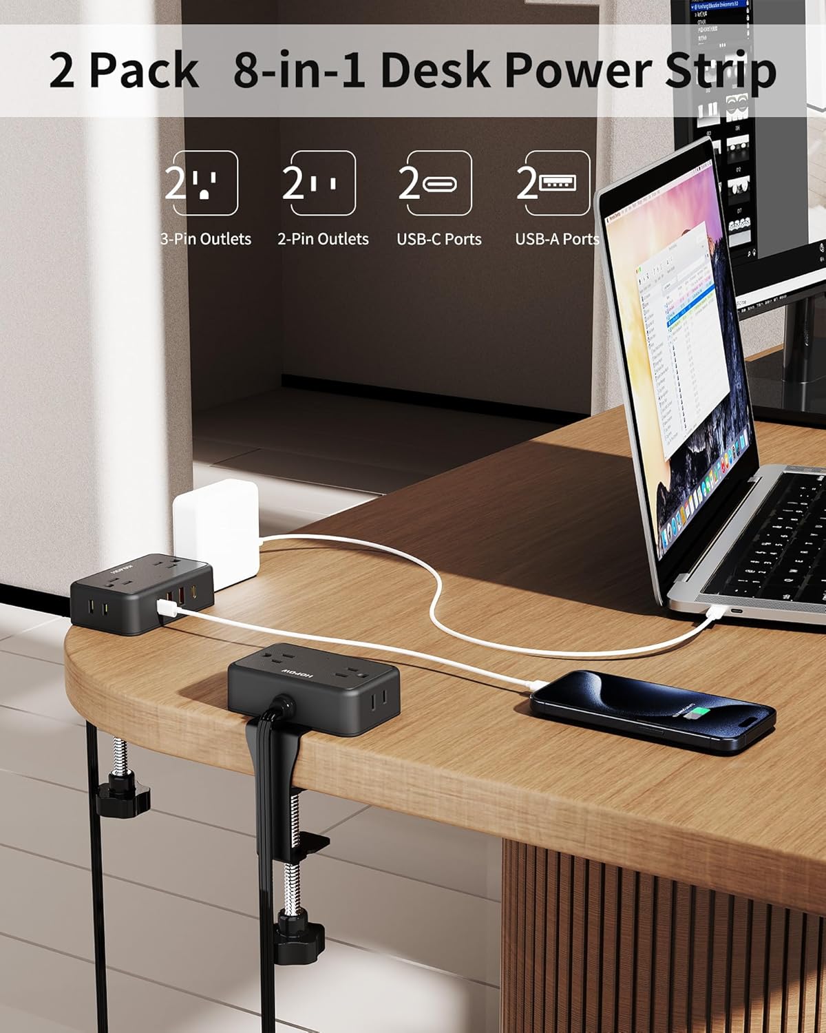 HOPOW Desk Clamp Power Strip, Desktop Mount Charging Station with 4 Outlets 4 USB Ports (2 USB C), 10Ft Under Desk Power Strip, Fits 2.75" Tabletop Edge, Extension Cord for Home Office, Black