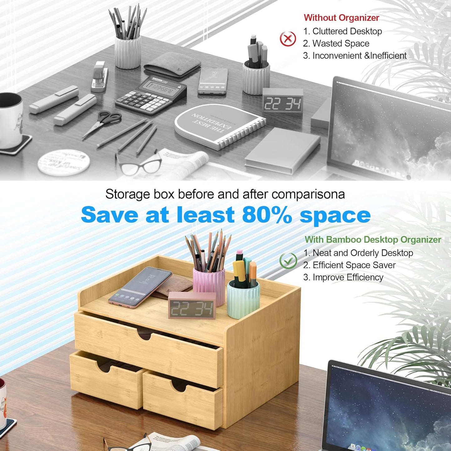 Wisuce Bamboo Desk Drawer Organizer, 3 Drawer Desktop Organizer with Drawers Tabletop Storage Organization Box for Office Home Toiletries Supplies Vanity, No Assembly Required