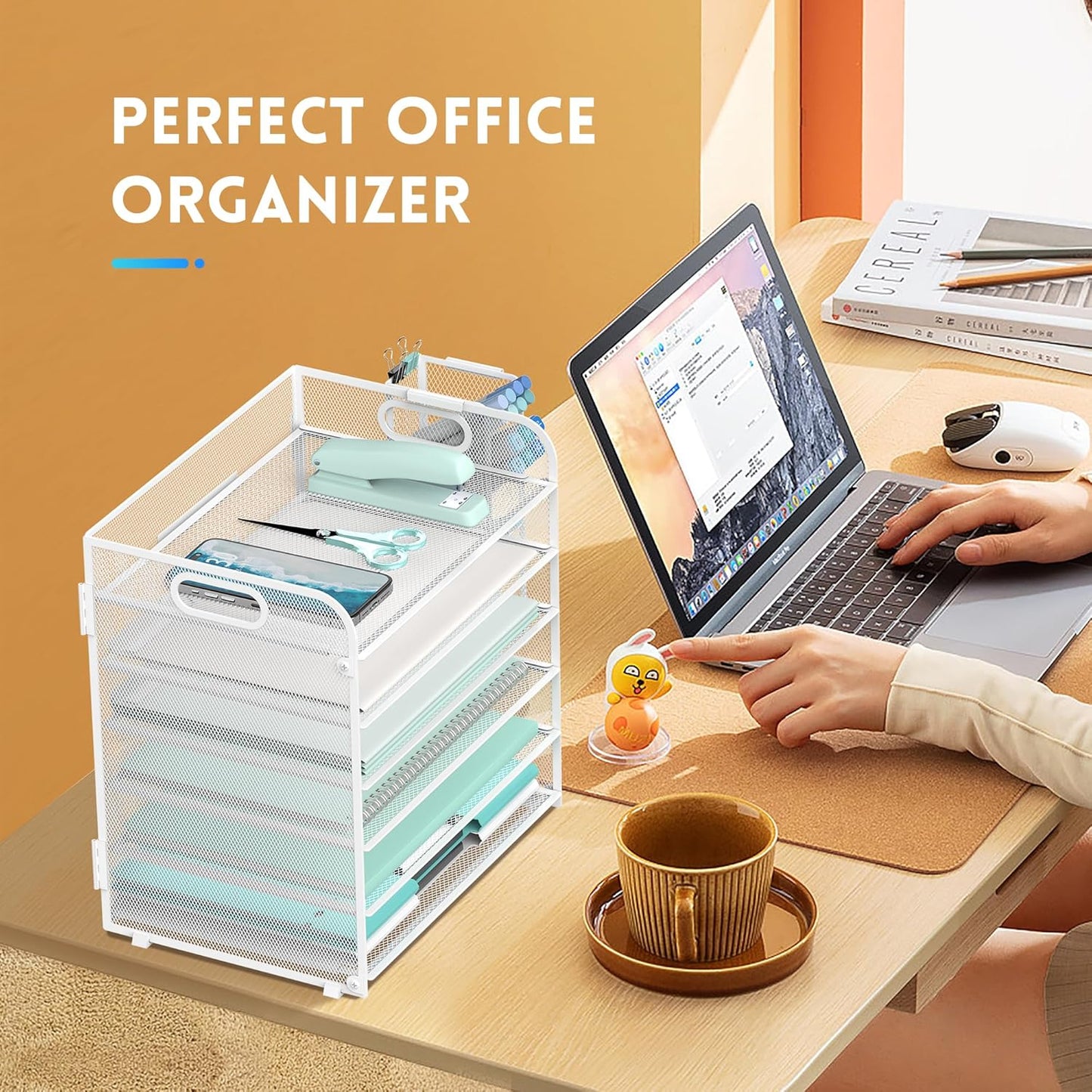 SUPEASY 6 Tier Desk Organizer with 4 Pen Holders, Mesh Paper Organizer Letter Tray with Handle, Desk Organizer Tray File Organizer for A4 File Folder, Black