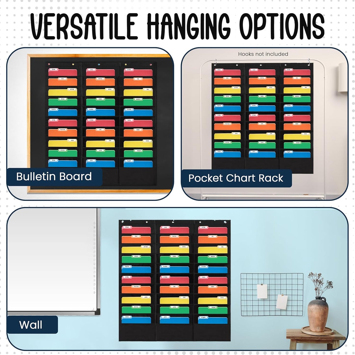 Essex Wares - 7 Pocket File Pocket Chart, Black, Tall - Versatile Wall Hanging File Folder Organizer for Classroom, Office, Home, and More - Wall Folder Organizer - 7 Pockets