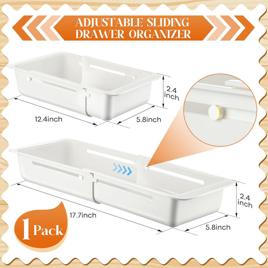 1 Pack Deep Drawer Organizer Bins, Sliding Drawer Organizer Bin Expandable and Adjustable Tray for Kitchen Utensils, Towels, BBQ Tools, Durable Plastic Sliding for Easy Storage (12.4-17.7")