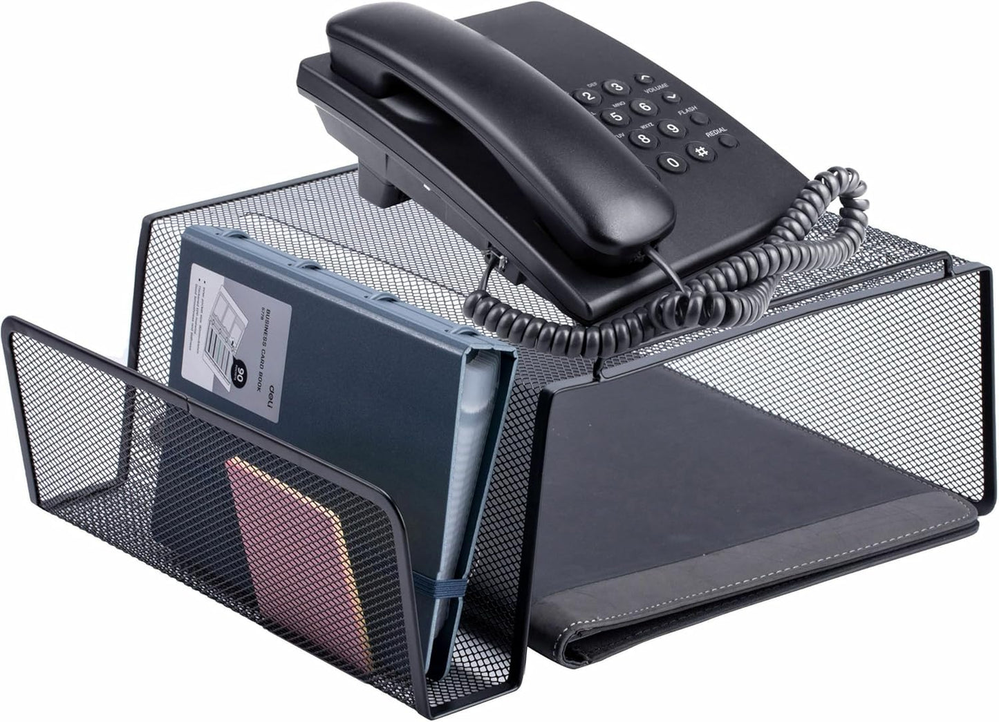 Lorell Mesh Steel Office Phone Stand for Desk, Angled with Storage Slot, 11.1" x 10.1" x 5.3", Black