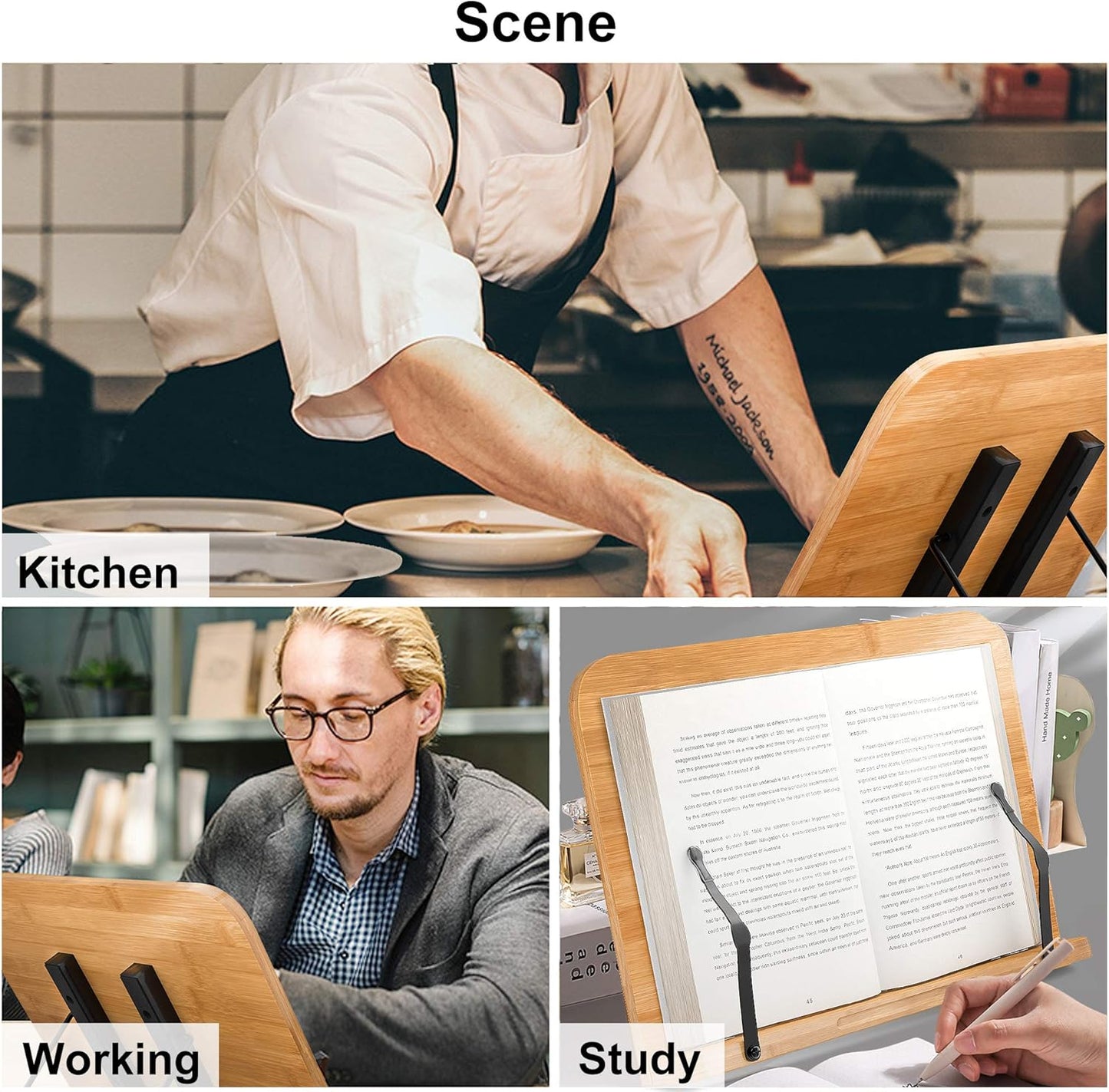 Readaeer Bamboo Book Stand, Large Book Holder with 6 Adjustable Height, Foldable Cookbook Stand Desktop Document Holder for Kitchen & Office (13.4 x 9.3 Inch)