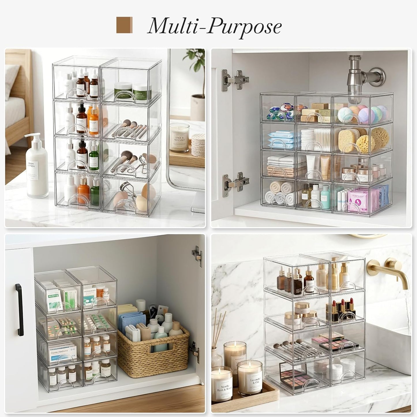 8 Pack Clear Stackable Acrylic Storage Boxes Storage Drawers, Storage Organizer, Clear Plastic Makeup Organizer, Ideal for Vanity, Cabinet, Desk Organization