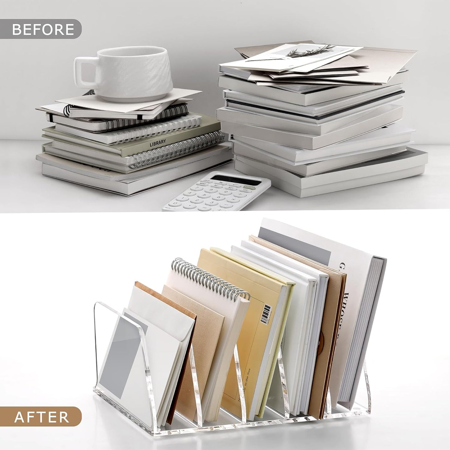SANRUI 5 Compartments Acrylic Mail Sorter Holder, Clear Document Magazine Envelope File Rack, Vertical Letter Sorter & Multifunction Desk Organizer for Bills, Documents, Notebooks