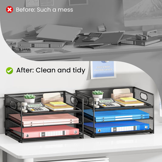Subekyu 3 Tier Paper Letter Tray Organizer for Desk, Black Metal Mesh Desk File Folder Sorter Organizer with Handle and Sliding Tray for Home, Office, School Supplies Organization Storage