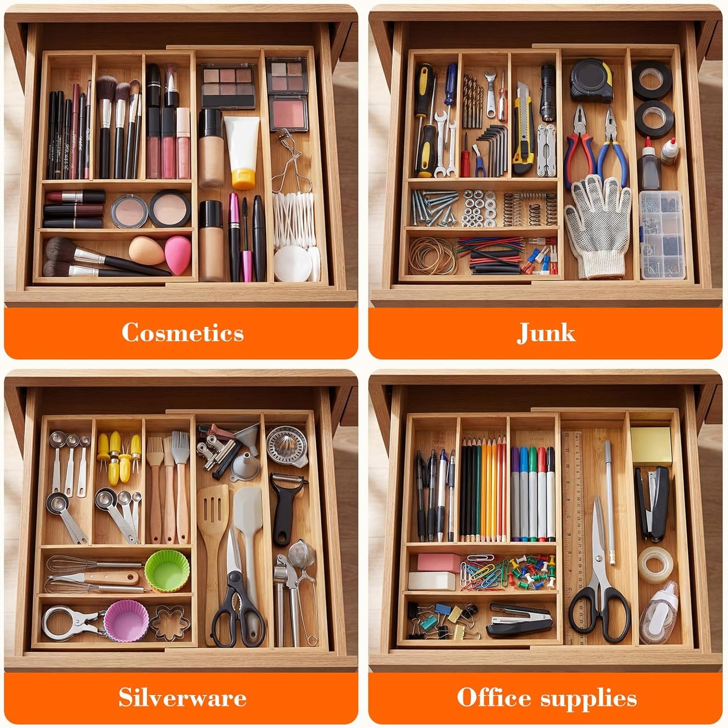Bamboo Sliding Desk Drawer Organizer 8.2'' up to 16.4'' x 14.4'' x 2.2'' Expandable Office Desk Accessories Supplies Tray with 7 Compartments for Pens, Notebooks, Rulers, and Makeup Jewelry Vanity