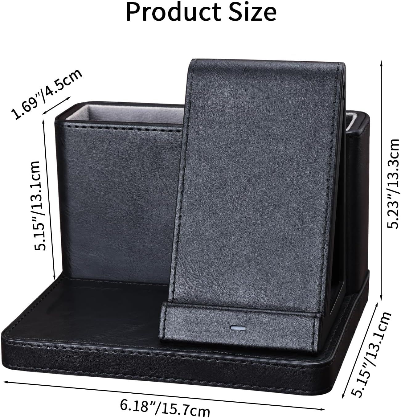 4 in 1 Wireless Charging Station with Desk Organizer, Leather Nightstand Office Organizer with Wireless Charger Stand for Multiple Devices iPhone 15 14 13 12 11 Pro Max and Samsung AirPods & iWatch