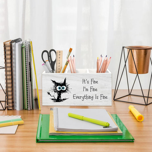 Funny Black Cat Pen Holder for Desk, Funny Office Pencil Organizer, FunnyGifts for Coworkers I'm Fine Everything is Fine Black Cat Wooden Pen Holder Desk Accessories Decor for Home Office