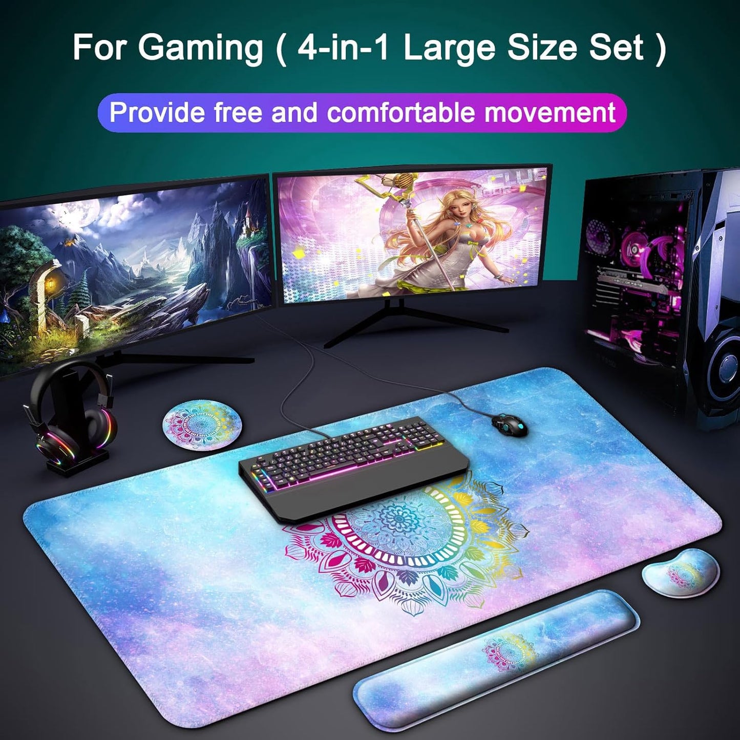 Keyboard Wrist Rest + Mouse Pad with Wrist Support + Desk Mat + Coaster 4 in 1 Set, XXL Large Gaming Mousepad Cute Ergonomic Mouse Pads for Desk Computer Laptop Office Decor-Beach