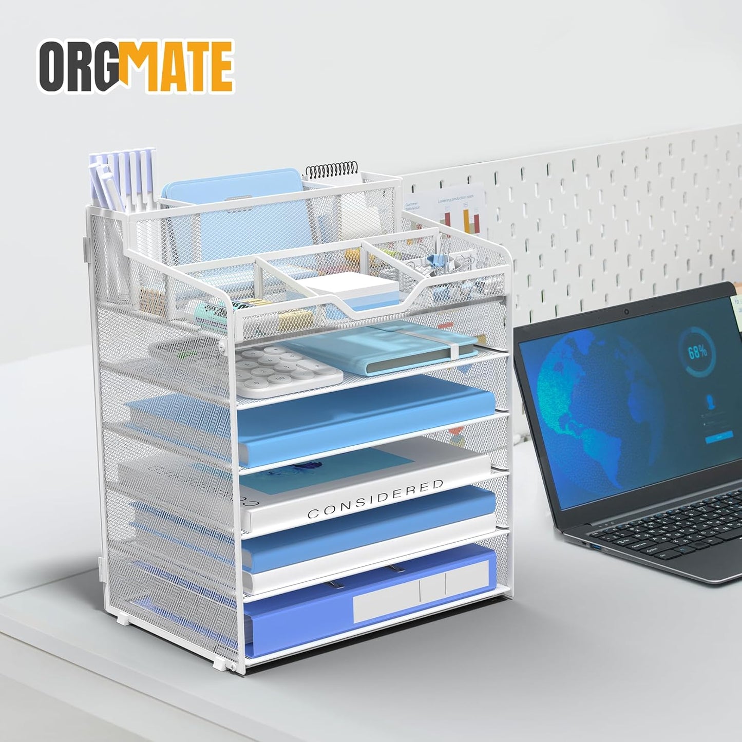 5 Tier Mesh Desk Organizer,Multi Functional Letter Paper Tray with 3 Pen Holders and 5 Adjustable Storage Compartments for Office Supplies Files and Mail Space Saving Desktop Organizer-Black