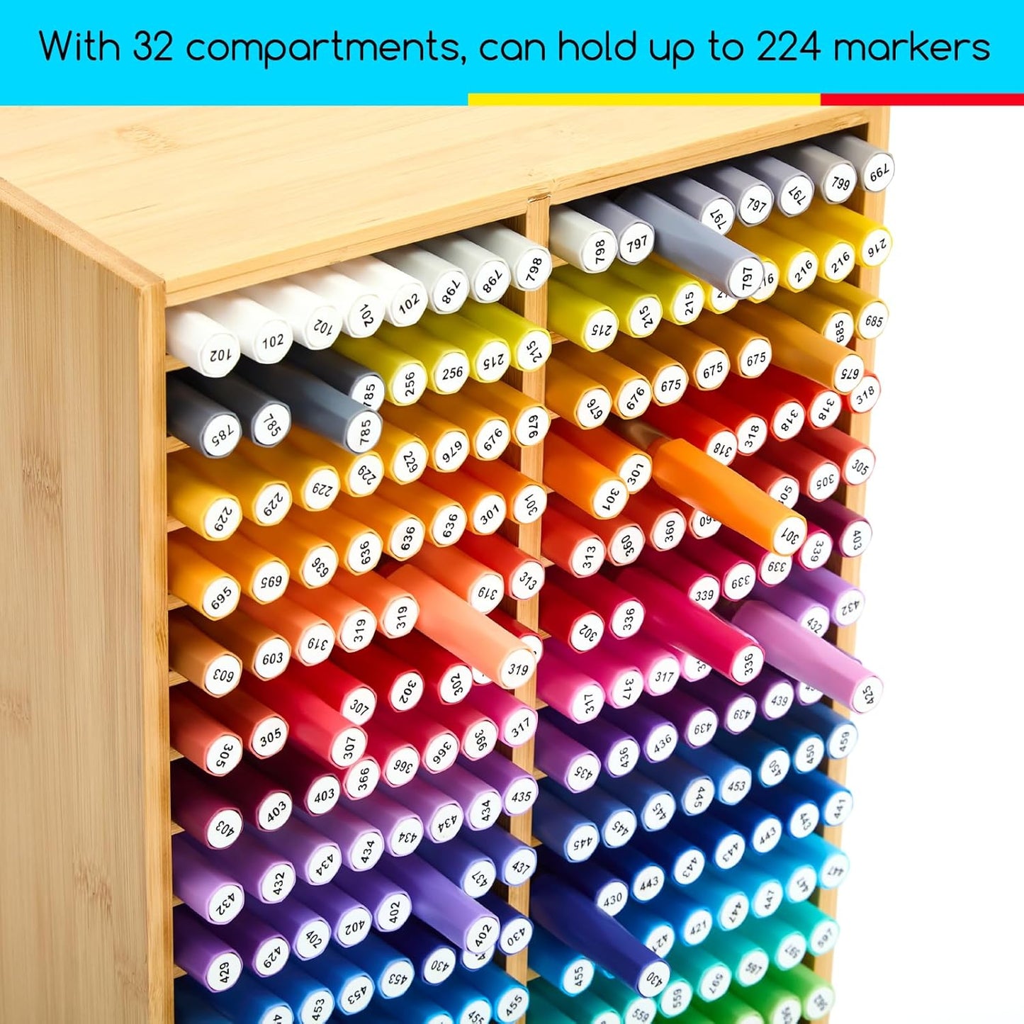 MEEDEN Bamboo Marker Organizer for Desk: Holds 224 Pens with 32 Compartments- Art Supply Storage & Holder for Alcohol Markers,Pens,Pencils