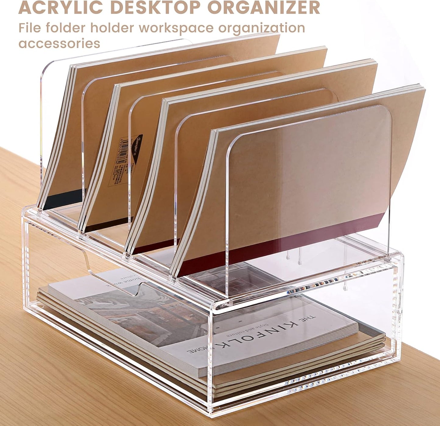 DINGHUO Acrylic Desk Organizers and Accessories, Clear Paper File Folder Organizer Letter Tray Sliding Drawer with 4 Upright Sections File Holder, Office Supplies Workspace Organizers - 1 Pack