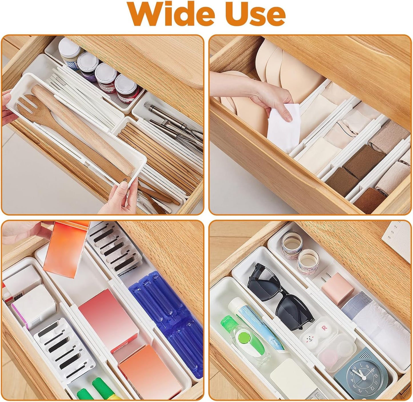 4 PCS Expandable Drawer Organizer, Adjustable Drawer Organizer Trays, Drawers Dividers Organizers and Storage For Office Supplies, Pens, Makeup,Utensils, Tools, Flatware and Junks, White