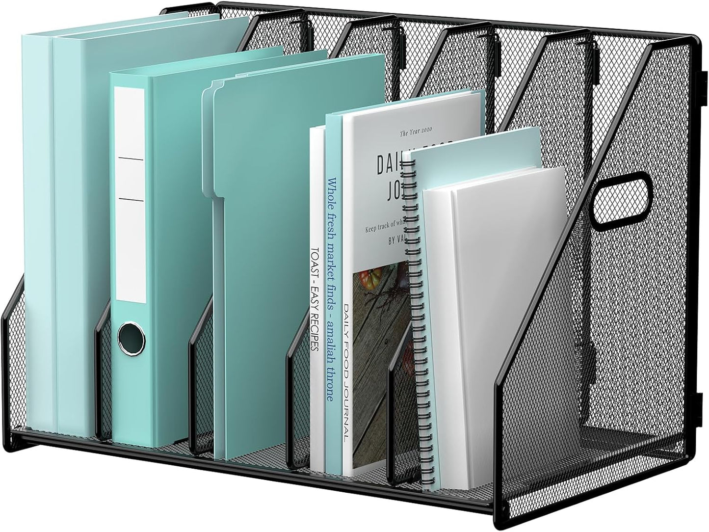 Gawerk Desktop File Magazine Folder Holder 5 Vertical Compartments, Desk Organizer Vertical Magazine Folder Organize with Side Handles, for Office Home School, Black