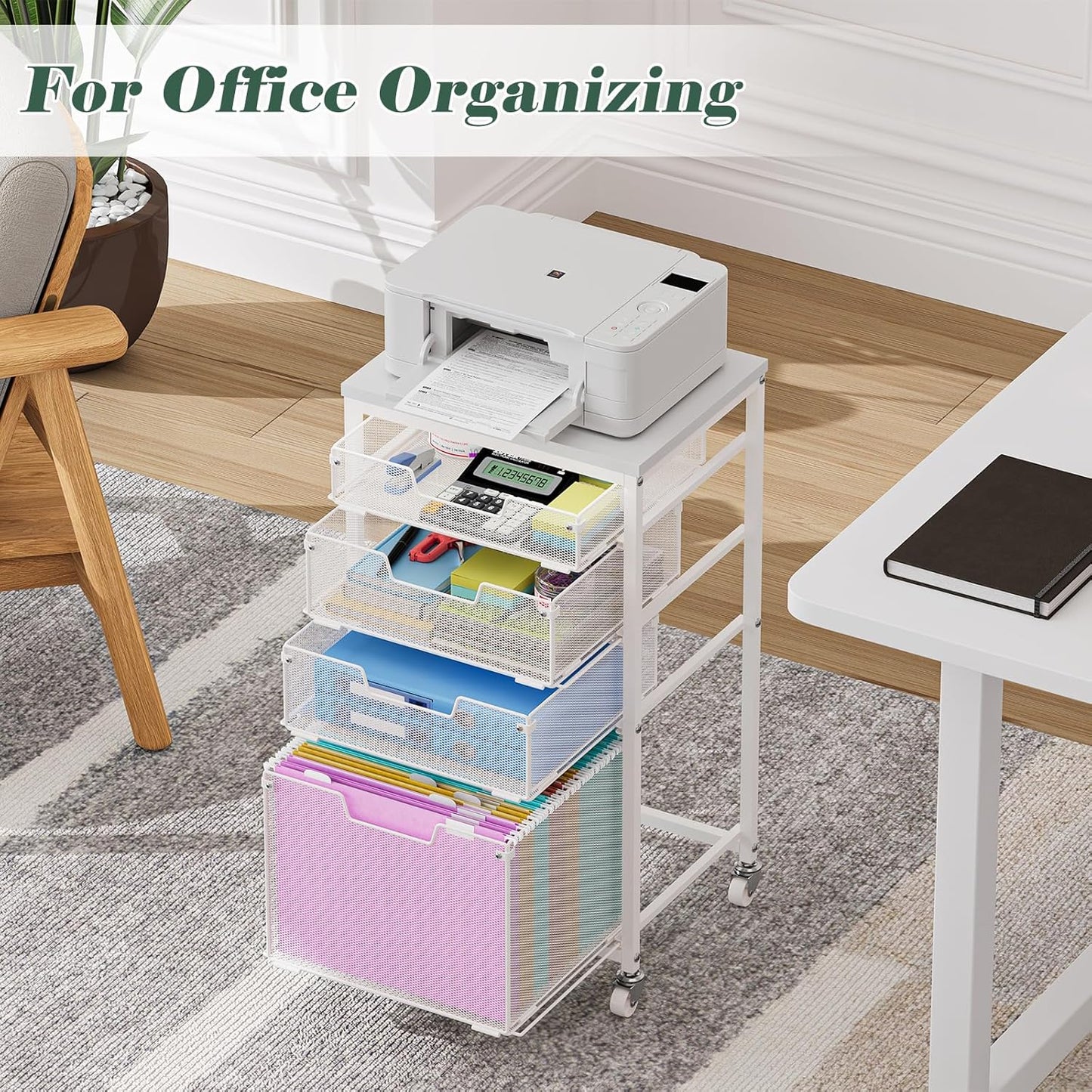 Sbanmao Rolling File Cart with 4 Storage Drawers, Mobile File Cabinet with Wheels, Hanging File Organizer, Under Desk Printer Stand Utility Cart Filing Cabinet for Home Office, Black