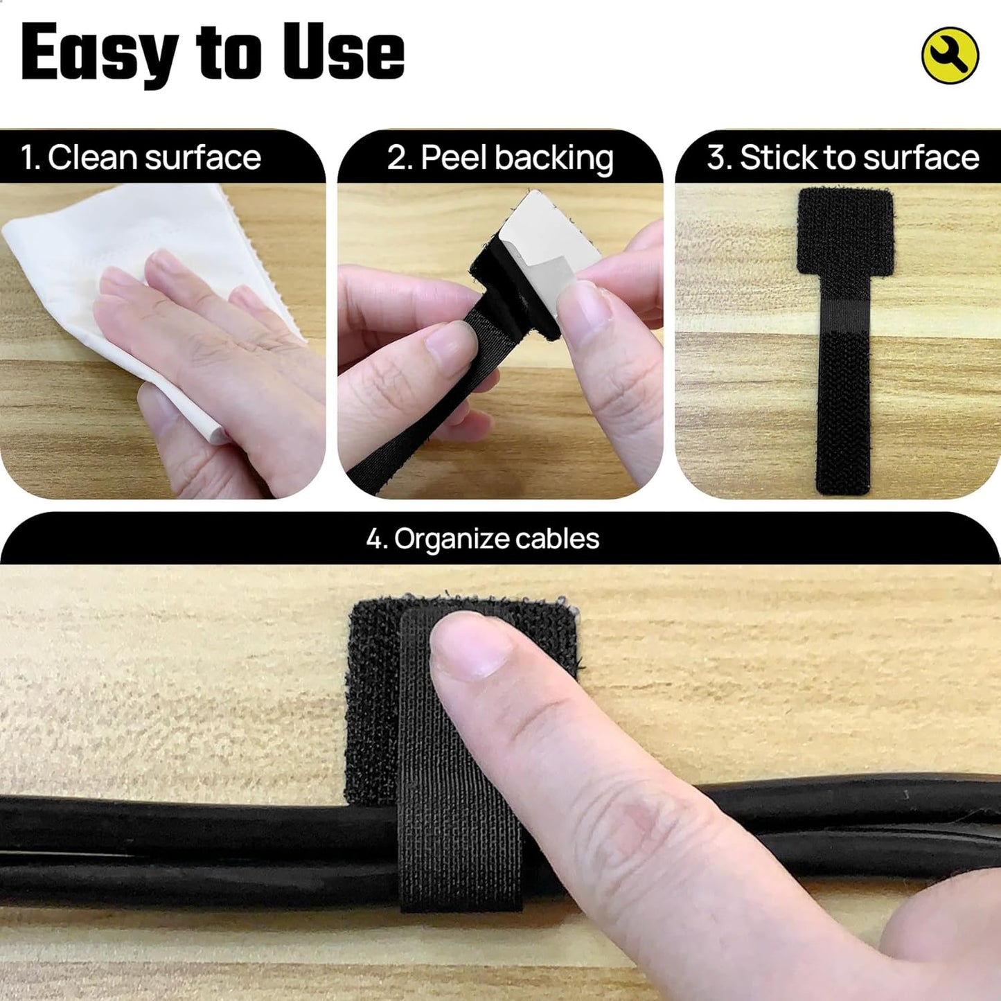 Matenf Under Desk Cable Management Kit - 40 PCS Self-Adhesive Hook & Loop Cable Organizers, Adjustable Cord Hider for Desk, Cable Ties in Office, Home, Kitchen (Black)
