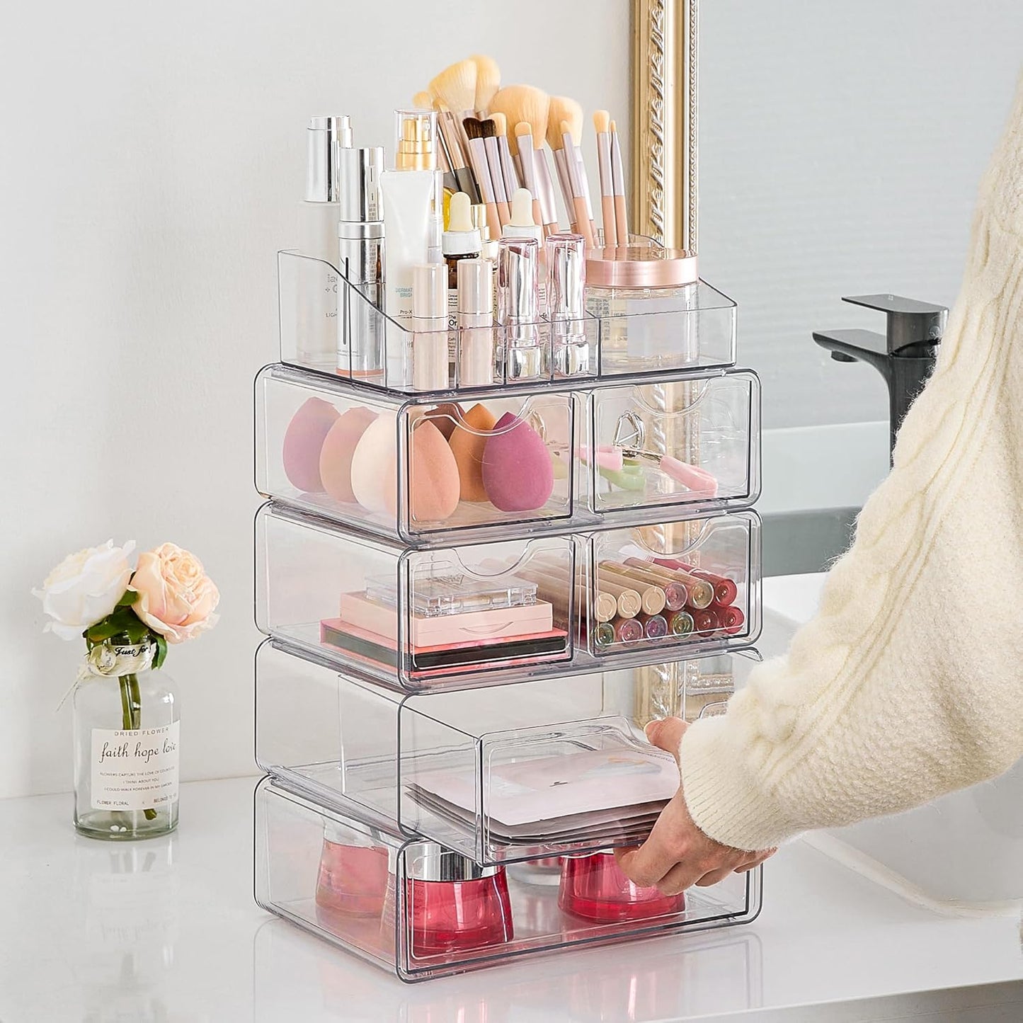 Vtopmart 3 Tier Clear Makeup Organizer with Drawer, Cosmetic Storage for Dresser Countertop and Bathroom Vanity, Beauty Holder for Lipstick Brush Skincare