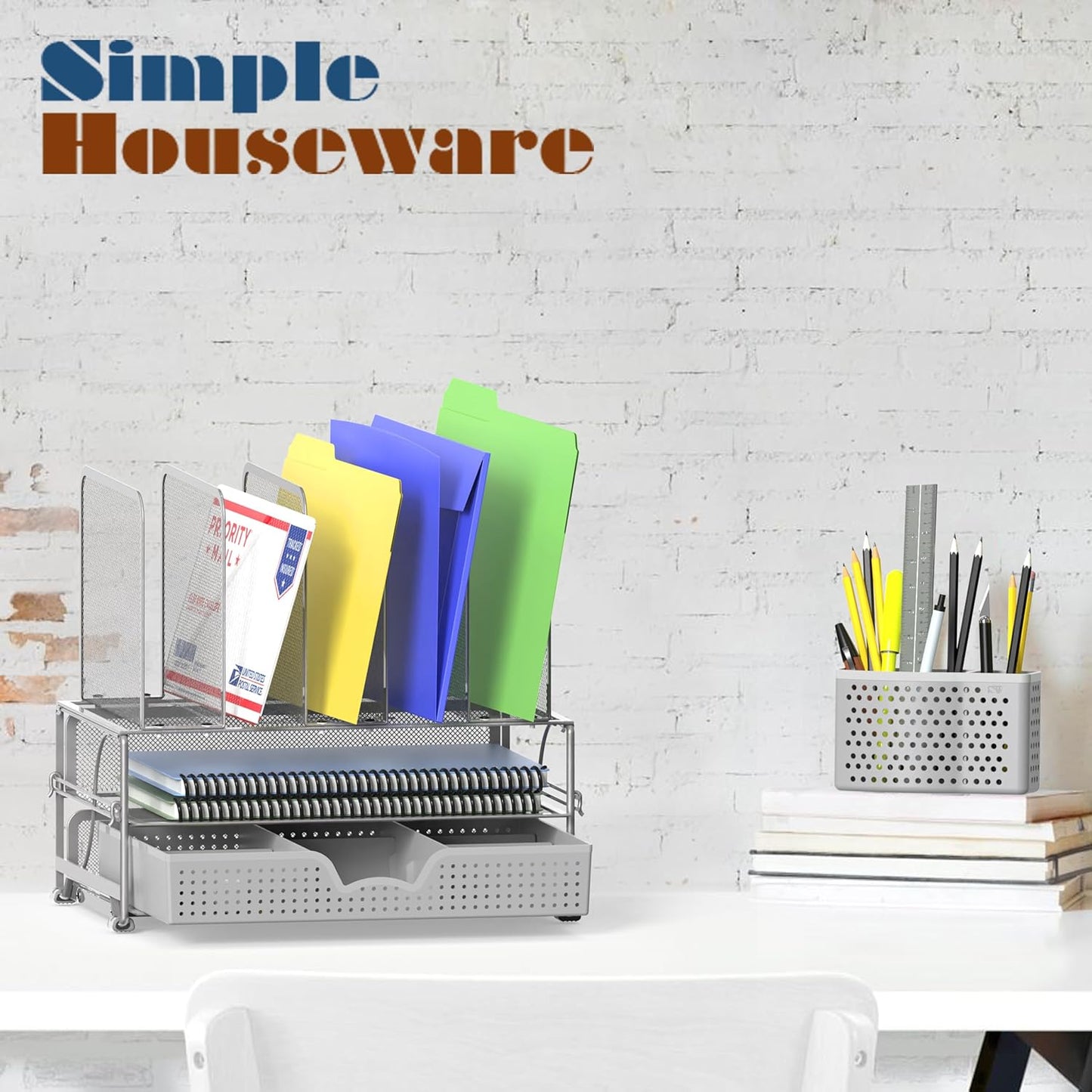 Simple Houseware Mesh Desk Organizer with Sliding Drawer, Double Tray and 5 Upright Sections, Black
