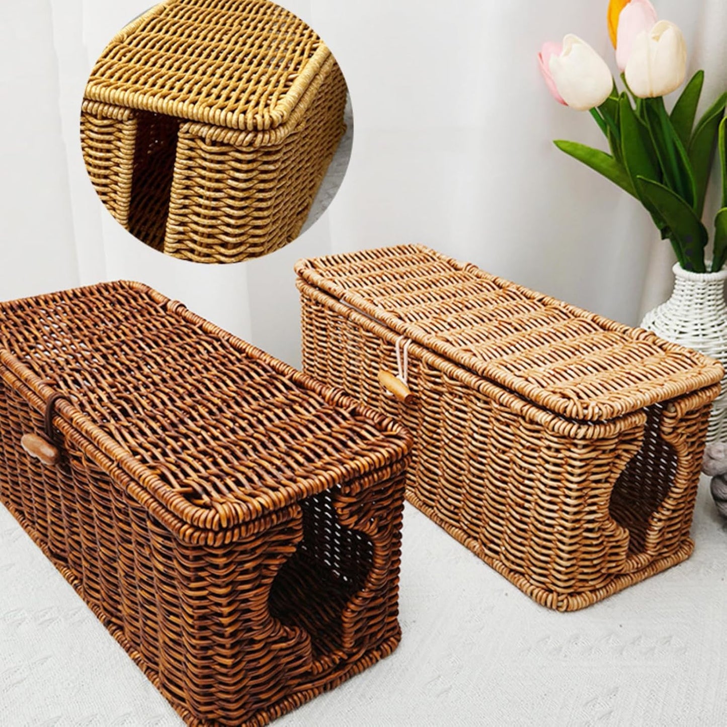 Wicker Cable Management Box, 2 Pack Large & Small Cable Organizer Box, Faux Rattan Hand-Woven Desk Organizer with 10 Cord Clips and 10 Ties, for Home Office and Charging Station