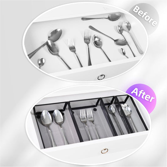 Mesh Tray Silverware Drawer Organizer, Utensil Cutlery Tray Office Supplies with Interlocking Arm Drawer Dividers Organizer for Flatware, Knives,Home,Office, School,Bedroom 12X6'' Black