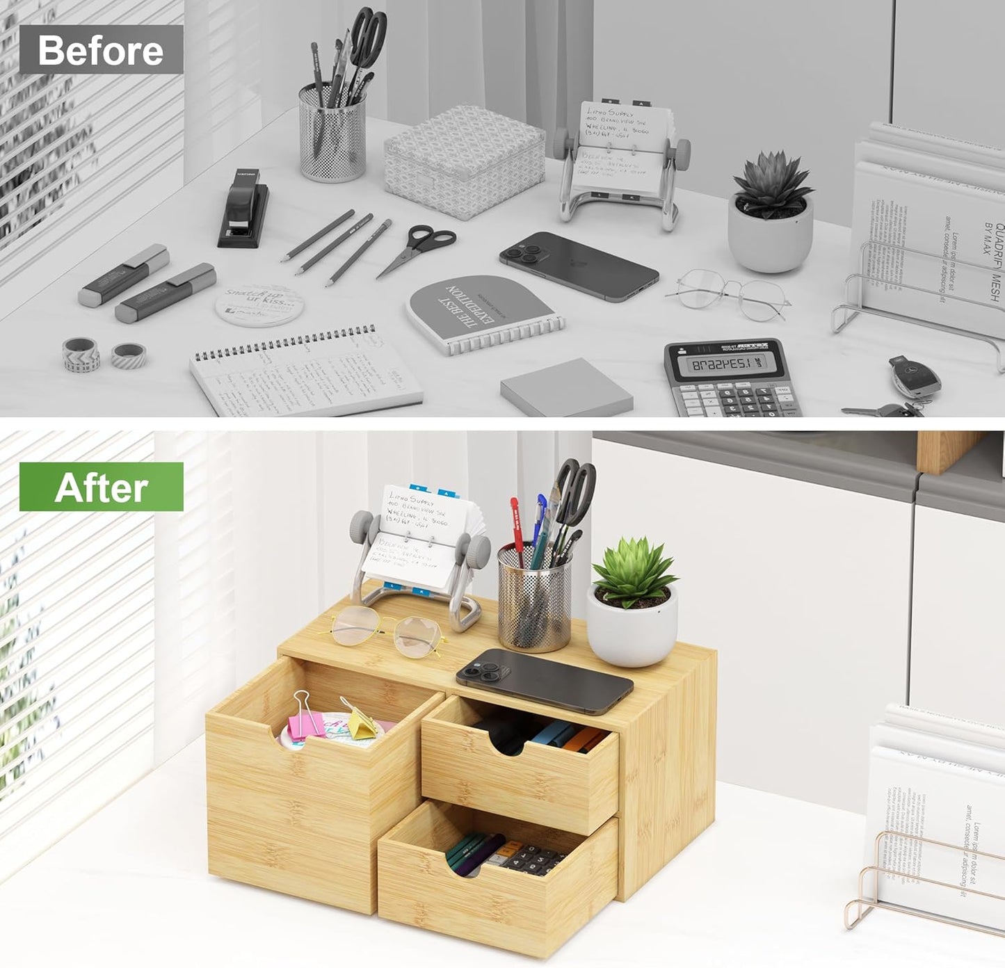 Wisuce Desk Organizer with Drawers - Bamboo Desktop Organizer Storage Natural Wood Desk Drawers Organizer for Bills, Office Supplies, Cosmetics, Seals No Assembly Required 3 Drawers(left-right)