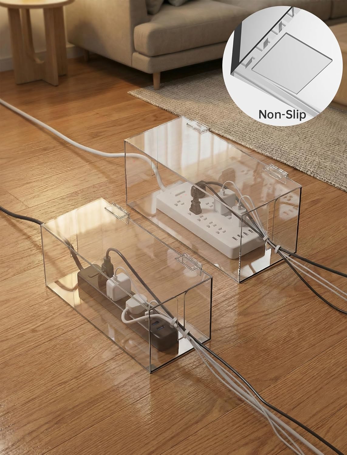 NiHome 2-Pack Clear Acrylic Cable Management Box Set, Large and Medium Power Strip Organizers with Ventilated Cover and Silicone Feet, Includes Reusable Ties, Transparent Cord Hider for Desk and Floor